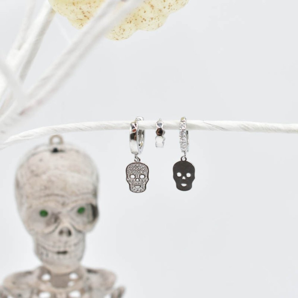 Rhodium Plated Diamond Skull Earring Set of 3 Hoops - Picture 2 of 5